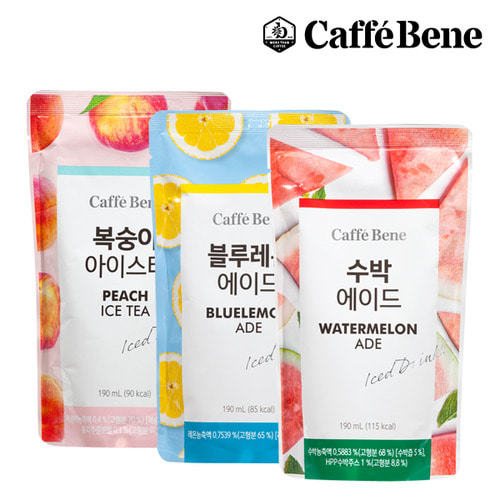 [카페베네] 파우치 음료 3종 (복숭아티 1박스 + 블루레몬에이드 1박스 + 수박에이드 1박스)